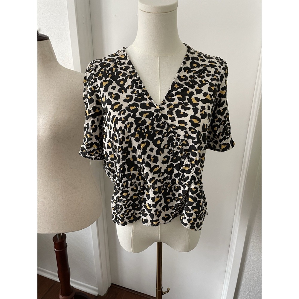 Banana Republic Women's Top Large Peplum Animal Print Short Sleeve